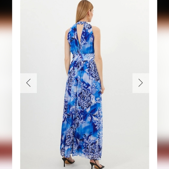 KAREN MILLEN Blue Floral Georgette Woven Halter Pleated Jumpsuit NWT sz. 4 - Picture 2 of 8